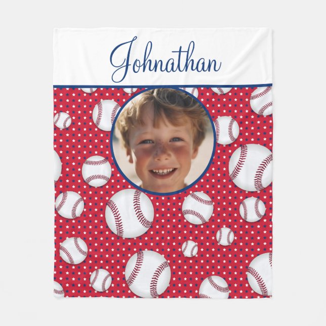 Boys Baseball Red White Blue Custom Photo w/ Name Fleece Blanket (Front)