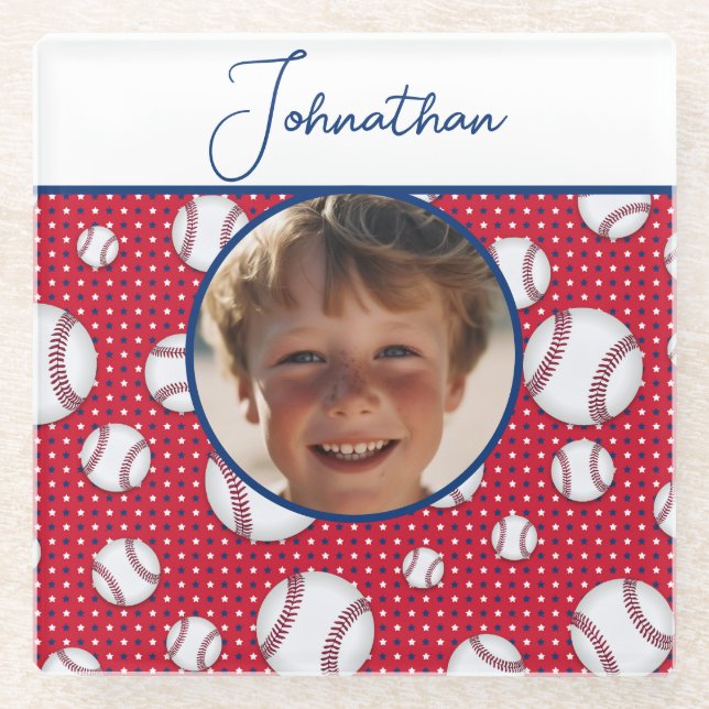 Boys Baseball Red White Blue Custom Photo w/ Name Glass Coaster (Front)