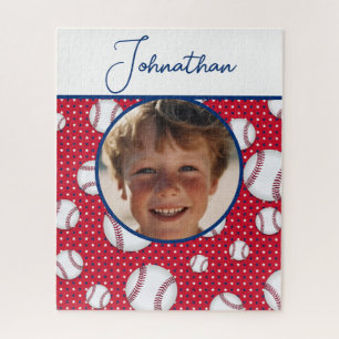 Boys Baseball Red White Blue Custom Photo w/ Name Jigsaw Puzzle