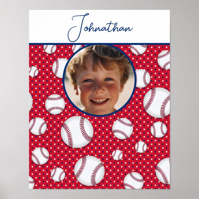 Boys Baseball Red White Blue Custom Photo w/ Name Poster (Front)