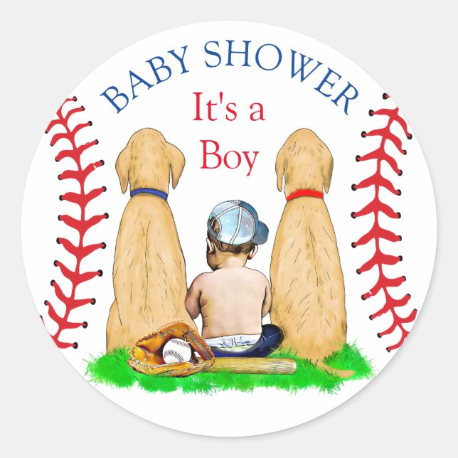 Boy's Baseball Themed Baby Shower 2 Labs and Baby Classic Round Sticker (Front)
