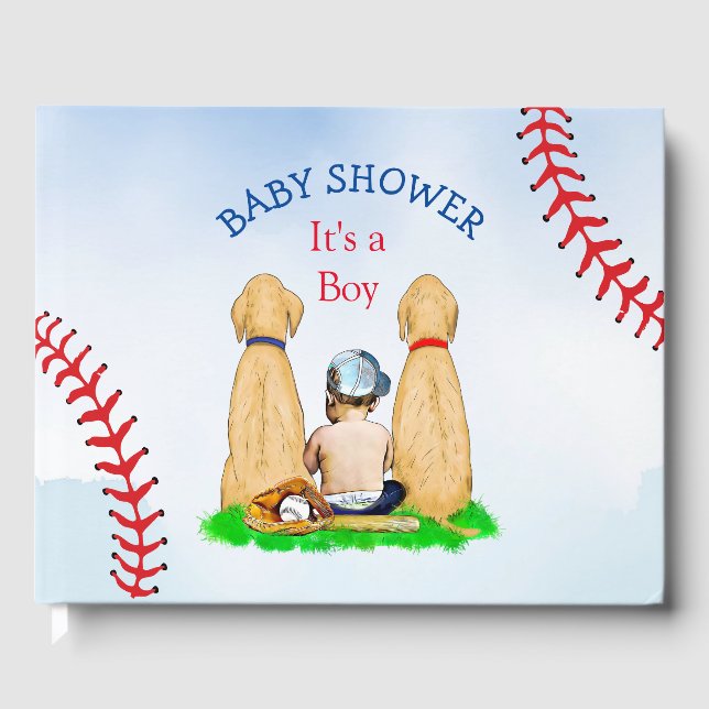 Boy's Baseball Themed Baby Shower 2 Labs and Baby Guest Book (Front)