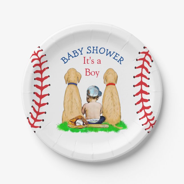 Boy's Baseball Themed Baby Shower 2 Labs and Baby Paper Plate (Front)