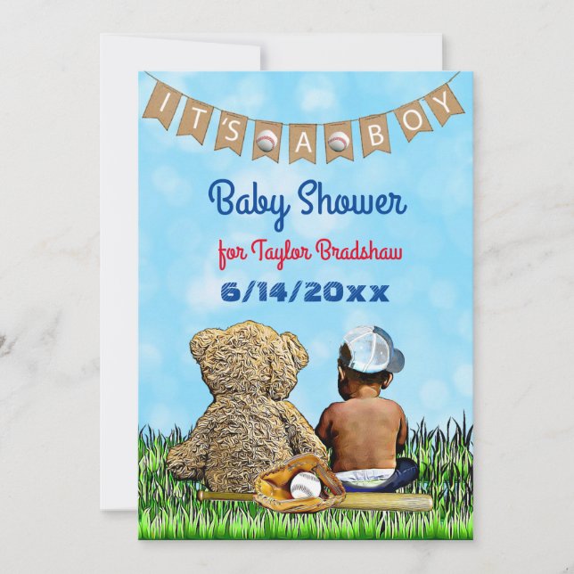 Boy's Baseball Themed Ethnic Baby Shower Invitation (Front)