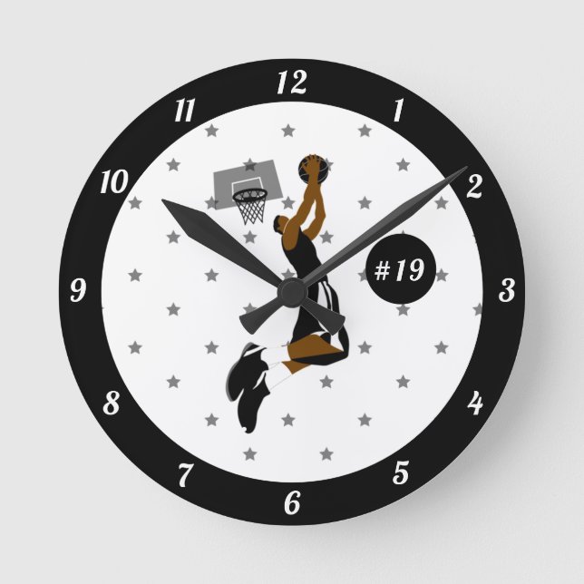 Boys Basketball Player Star Athlete Name & Number  Round Clock (Front)