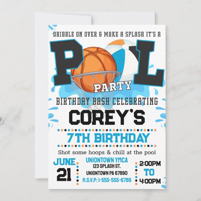Boys Basketball Pool Party Invitation (Front)