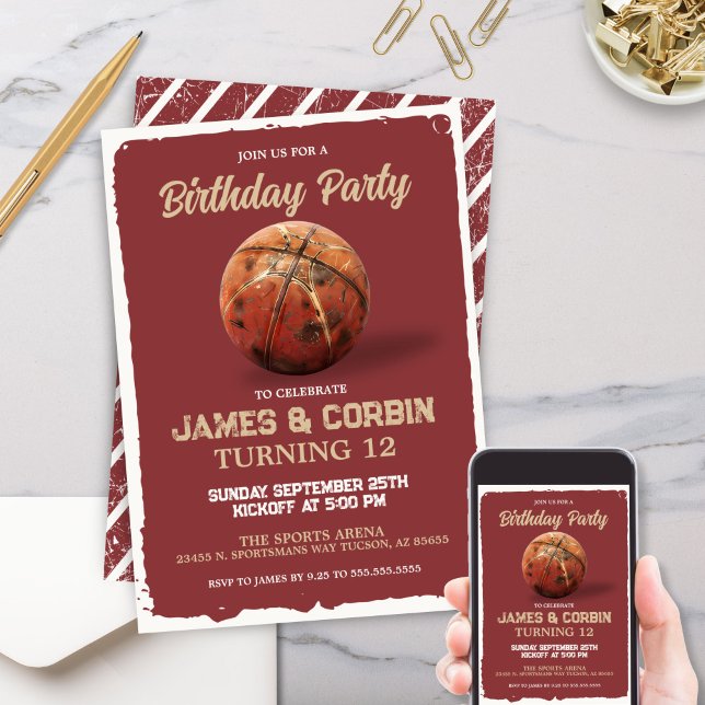 Boys Basketball Red Theme Double Birthday Party Invitation (Red Birthday party invitation for twins double party invites for two with basketball theme)