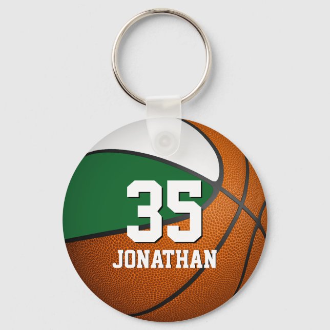 boys basketball w green and white team colours key ring (Front)