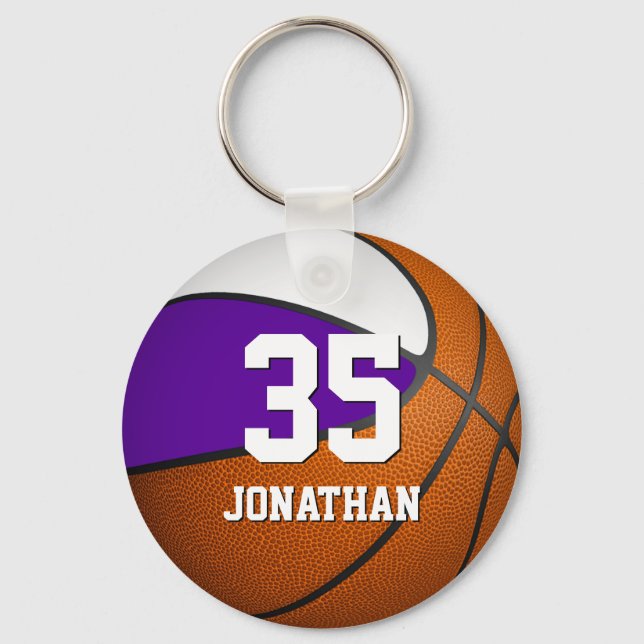 boys basketball w purple white team colours key ring (Front)