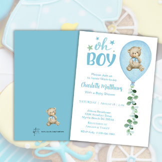 Boys Bear Blue Balloon Eucalyptus Baby Shower Invitation