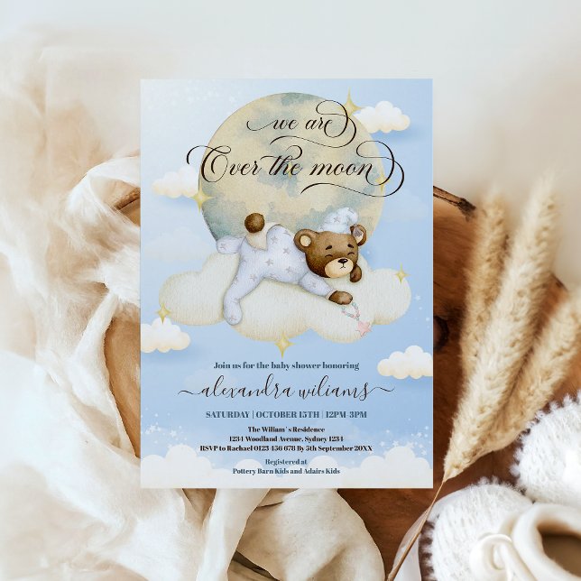 Boys Bear Clouds Over Moon Baby Shower Invitation (Creator Uploaded)