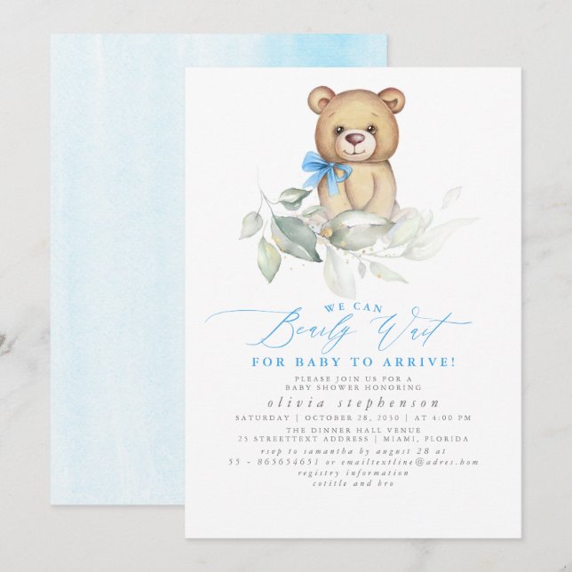 Boy's Bear Watercolor Greenery Baby Shower Invitation (Front/Back)
