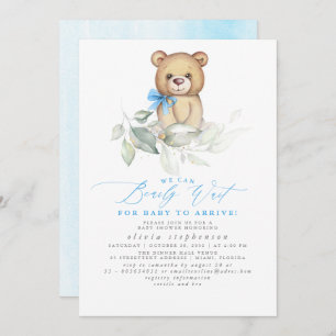 Boy's Bear Watercolor Greenery Baby Shower Invitation
