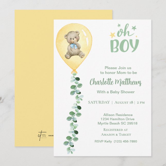 Boys Bear Yellow Balloon Eucalyptus  Baby Shower   Invitation (Front/Back)