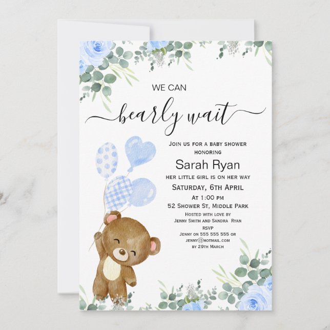 Boys Bearly Wait Bear Heart Balloons Baby shower  Invitation (Front)