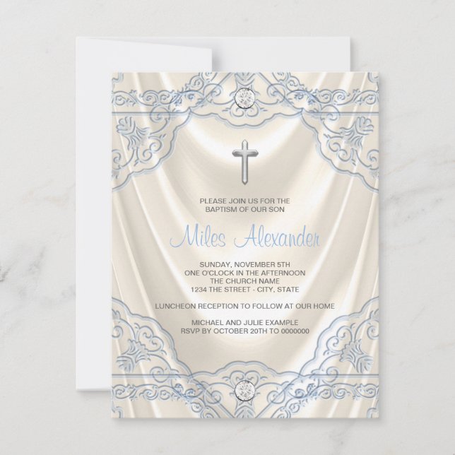 Boys Beige Ivory and Blue Baptism Christening Invitation (Front)
