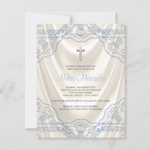 Boys Beige Ivory and Blue Baptism Christening Invitation