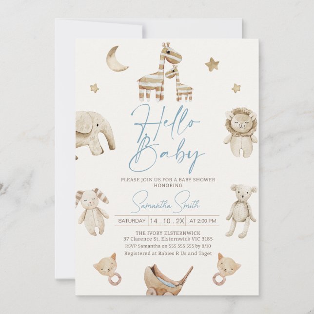 Boys Beige Stuffed Animals Baby Shower Invitation (Front)