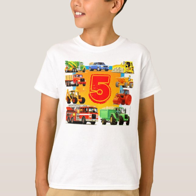 Boy's Big Construction Truck 5th Birthday T-Shirt (Front)