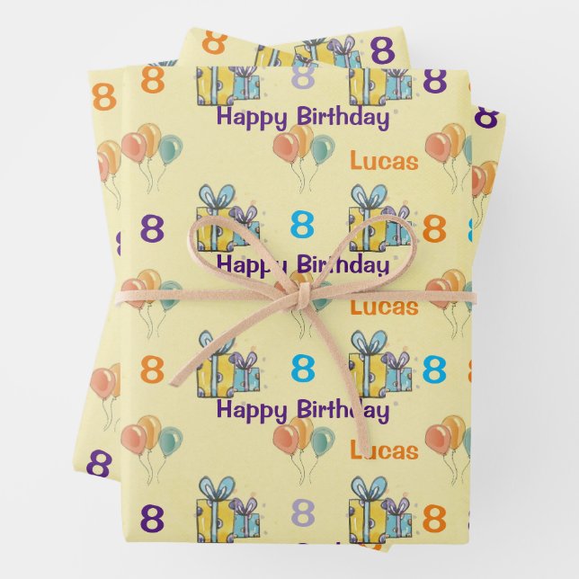 Boys Birthday Add Name & Age Balloons Gifts Wrapping Paper Sheet (In situ)