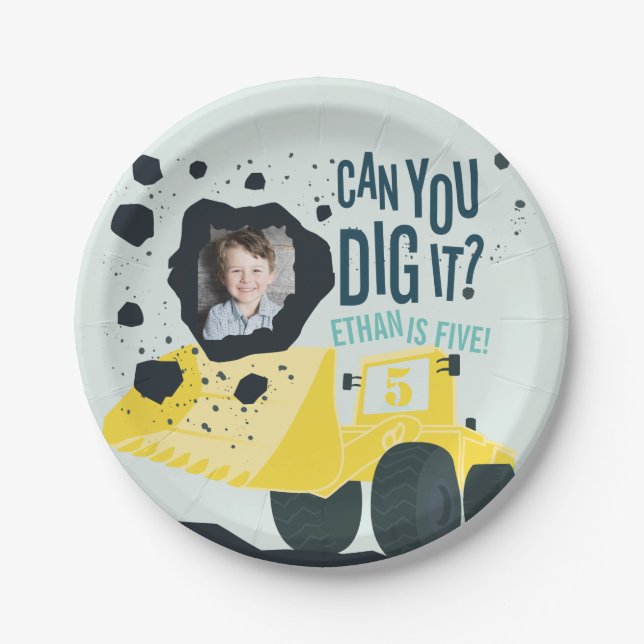 Boys Birthday Construction Truck Blue Yellow Paper Plate (Front)