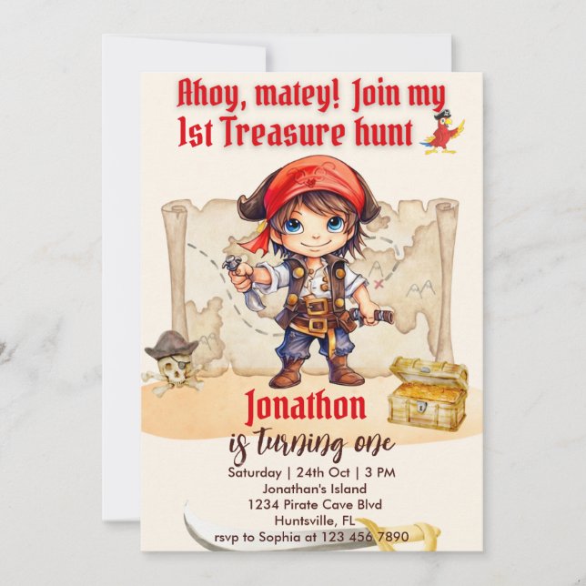 Boys Birthday Customisable Pirate Party Invitation (Front)