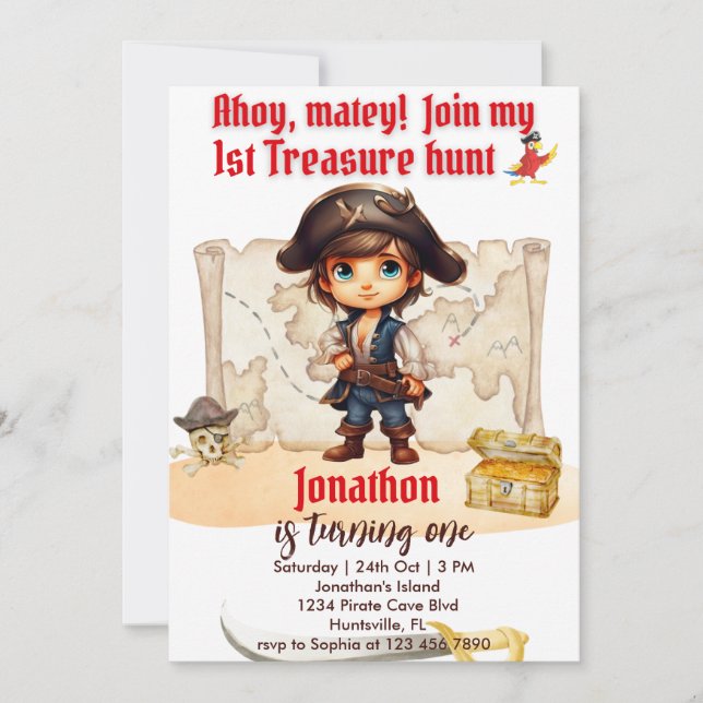 Boys Birthday Customisable Pirate Party Invitation (Front)