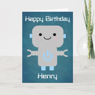 Boys Birthday Cute Cartoon Robot Blue Card