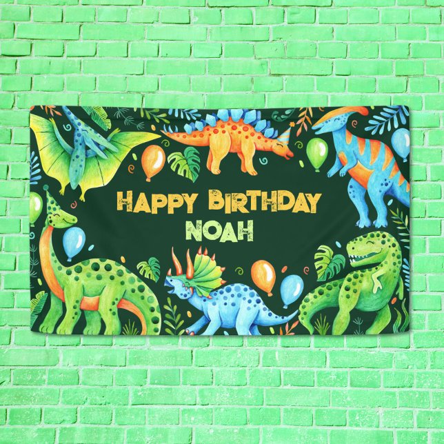 Boys Birthday Cute Dinosaurs Party Watercolor Banner (Cute Watercolor Dinosaur Birthday Party Banner)
