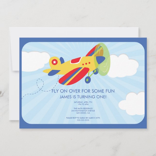 Boy's Birthday Invitation Cute Aeroplane (Front)
