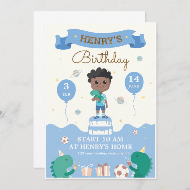 Boys birthday invitation in blue  (Front/Back)
