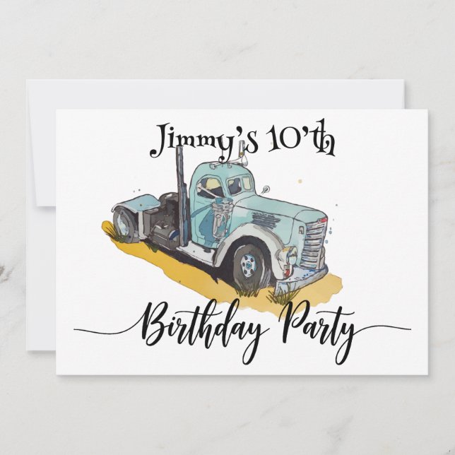 Boys Birthday Party Blue Semi Truck Save The Date (Front)