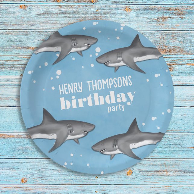 Boy's Birthday Party Blue Sharks Custom Paper Plate (Creator Uploaded)