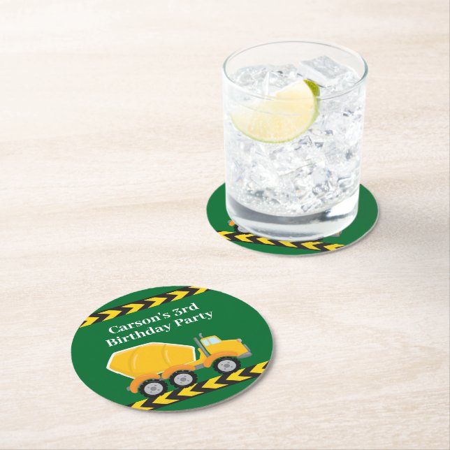 Boys Birthday Party Custom Green Truck Kids Round Paper Coaster (Insitu)