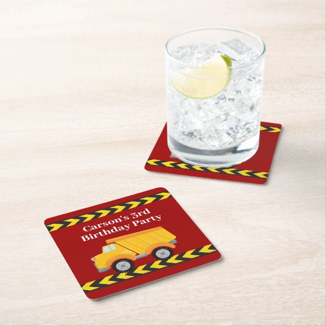 Boys Birthday Party Custom Red Dump Truck Kids Square Paper Coaster (Insitu)