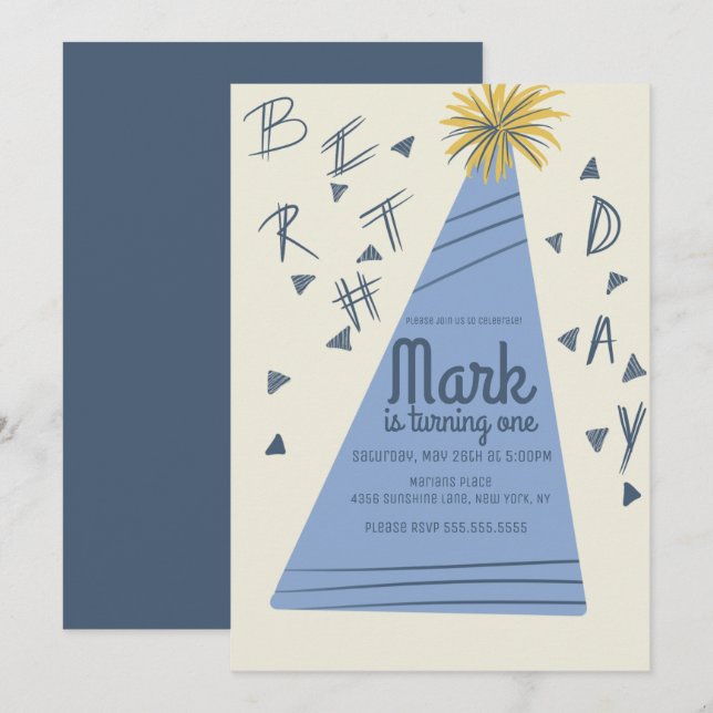 Boys Birthday Party Hat Lettering Invitation (Front/Back)