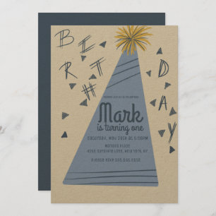 Boys Birthday Party Hat Lettering Kraft Invitation