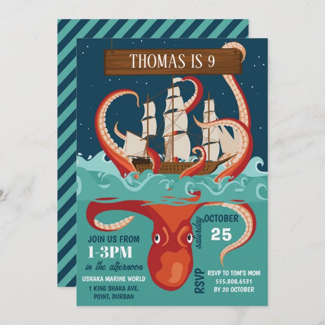 Boys Birthday Party Kraken Invitation (Front/Back)