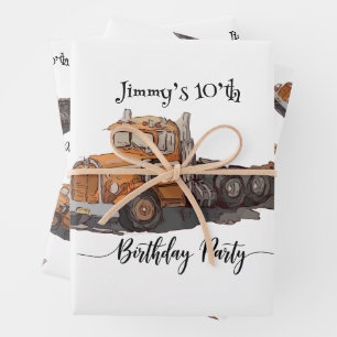 Boys Birthday Party Orange Semi Truck Wrapping Paper Sheet