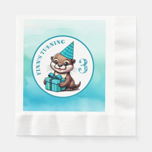 Boy's Birthday Party Otter Themed Personalised Napkin (Front)