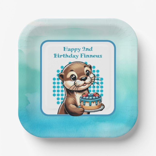 Boy's Birthday Party Otter Themed Personalised Paper Plate (Front)