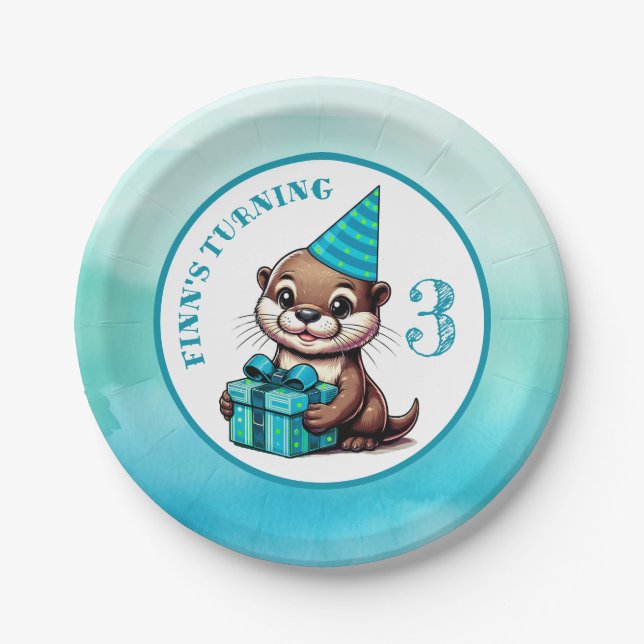 Boy's Birthday Party Otter Themed Personalised Paper Plate (Front)