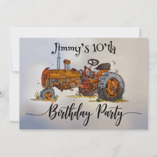 Boys birthday party with antique tractor design invitation