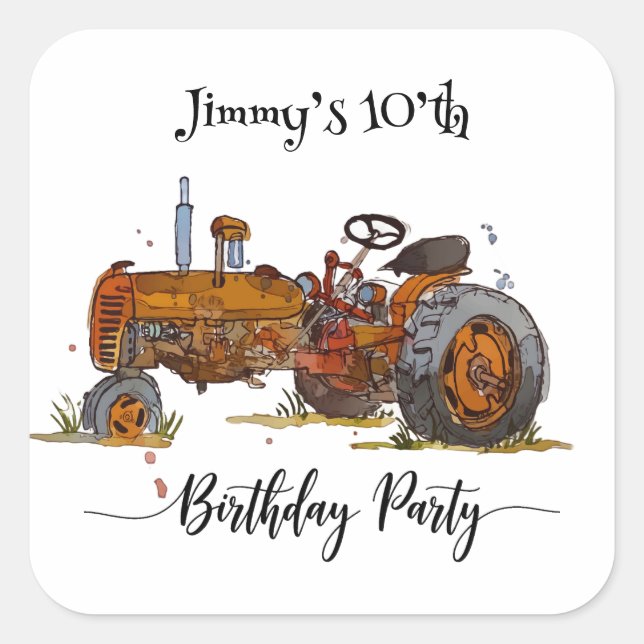 Boys birthday party with antique tractor design square sticker (Front)