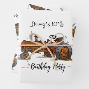 Boys birthday party with antique tractor design wrapping paper sheet