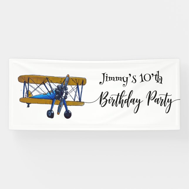 Boys birthday party with blue and yellow biplane banner (Horizontal)