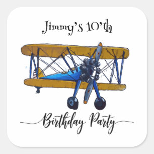 Boys birthday party with blue and yellow biplane square sticker