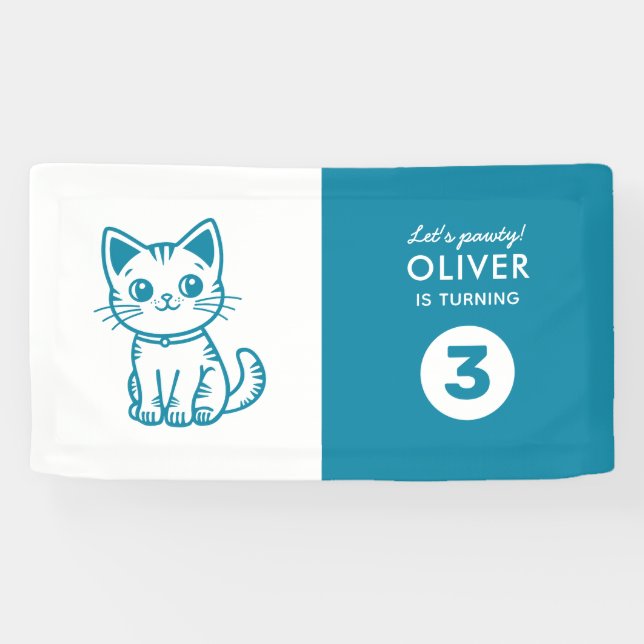 Boy's birthday party with custom colours kitten banner (Horizontal)