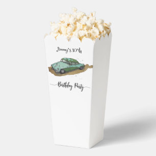 Boys birthday party with two toned sedan popcorn favour box