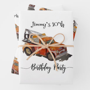 Boys birthday party with wrecker wrapping paper sheet